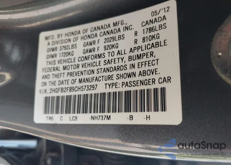 2012 Honda Civic Ex from USA, damaged, VIN 2HGFB2F89CH573297